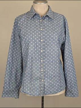 Talbots Light Blue Polka Dot Chambray Roll Tab Sleeve Button-Down Women's 14